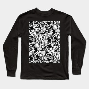 Textured Silver Grey and White Leaves on Black Long Sleeve T-Shirt